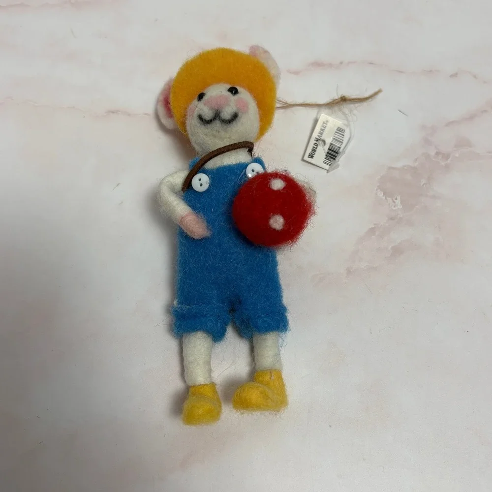 NWT World Market Felted Wool Mouse Ornament Schoolboy with Backpack and Mushroom